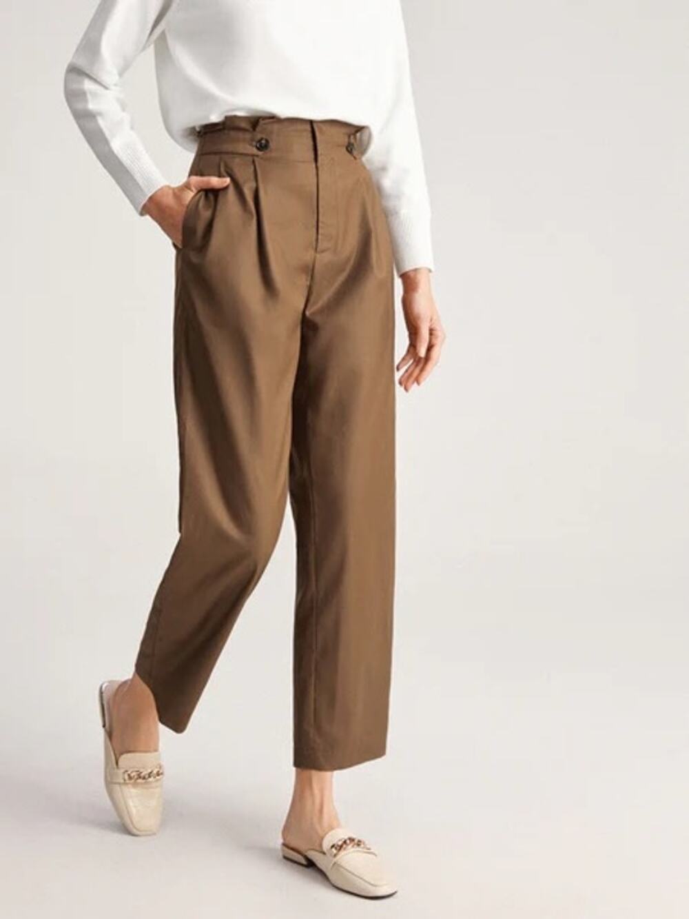Commense Preppy Academia Brown Wide Leg Button Detail Casual Pants Small